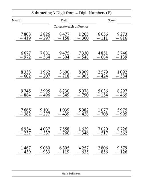 The Subtracting 3-Digit from 4-Digit Numbers With Some Regrouping (42 Questions) (Space Separated Thousands) (F) Math Worksheet