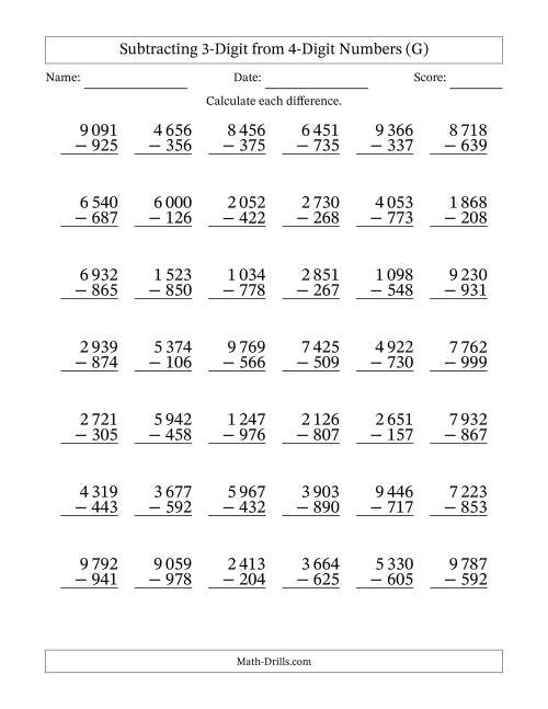 The Subtracting 3-Digit from 4-Digit Numbers With Some Regrouping (42 Questions) (Space Separated Thousands) (G) Math Worksheet