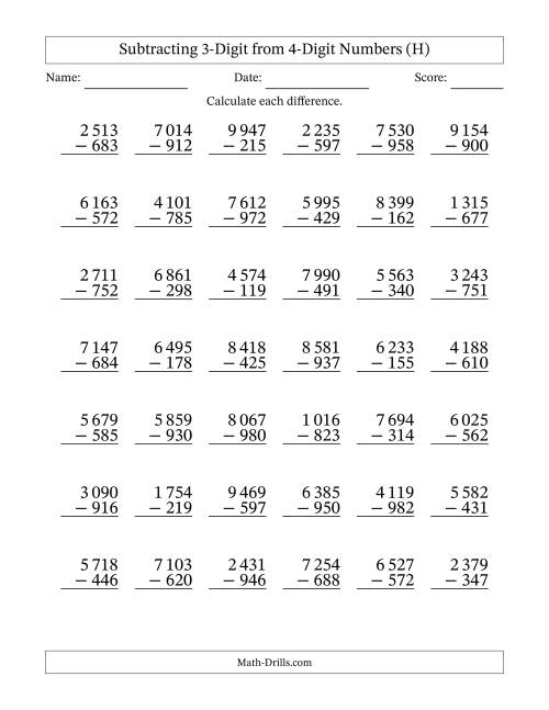 The Subtracting 3-Digit from 4-Digit Numbers With Some Regrouping (42 Questions) (Space Separated Thousands) (H) Math Worksheet