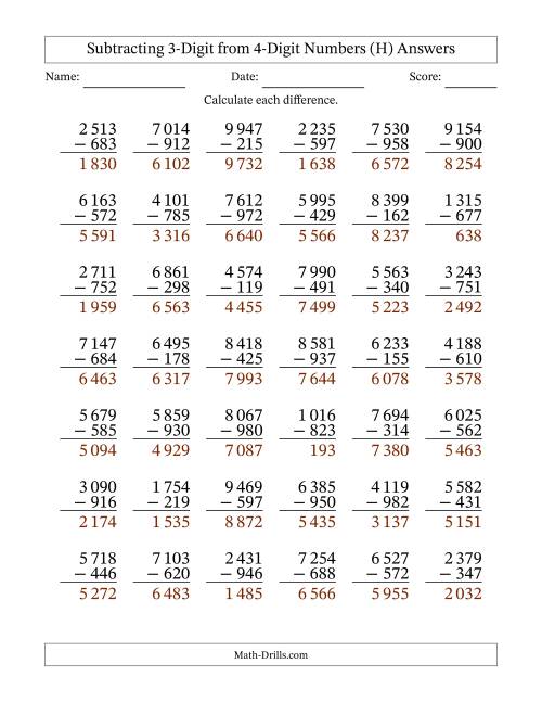 The Subtracting 3-Digit from 4-Digit Numbers With Some Regrouping (42 Questions) (Space Separated Thousands) (H) Math Worksheet Page 2