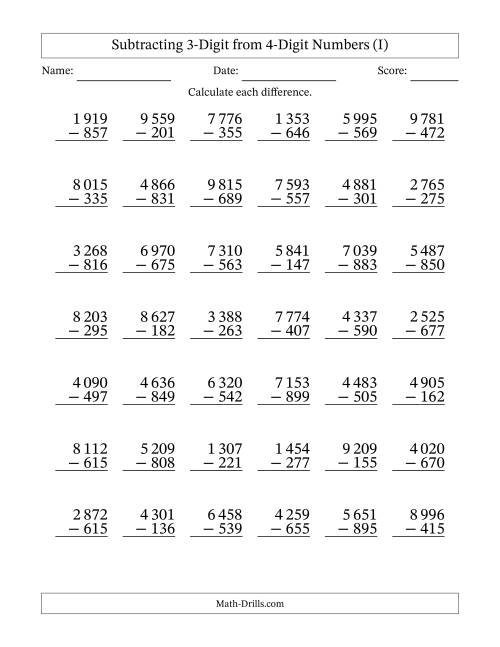 The Subtracting 3-Digit from 4-Digit Numbers With Some Regrouping (42 Questions) (Space Separated Thousands) (I) Math Worksheet