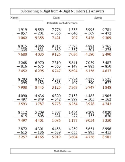 The Subtracting 3-Digit from 4-Digit Numbers With Some Regrouping (42 Questions) (Space Separated Thousands) (I) Math Worksheet Page 2