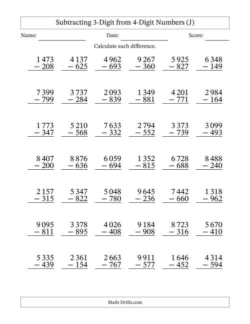 The Subtracting 3-Digit from 4-Digit Numbers With Some Regrouping (42 Questions) (Space Separated Thousands) (J) Math Worksheet
