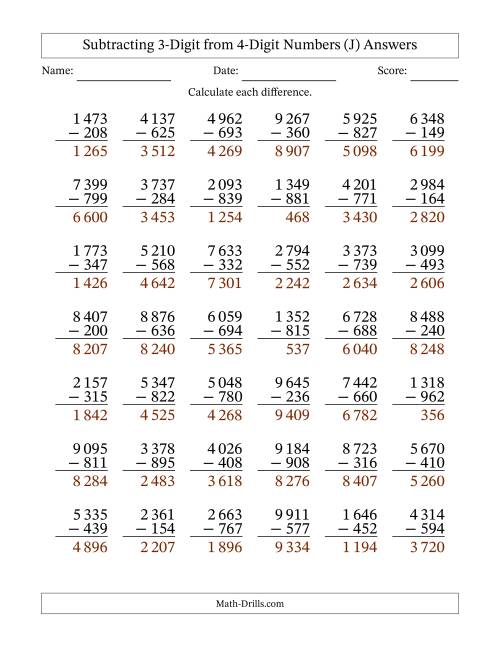 The Subtracting 3-Digit from 4-Digit Numbers With Some Regrouping (42 Questions) (Space Separated Thousands) (J) Math Worksheet Page 2
