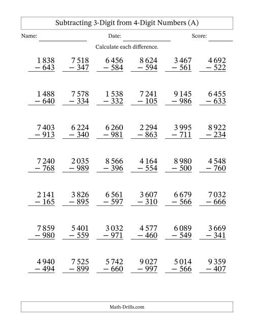 The Subtracting 3-Digit from 4-Digit Numbers With Some Regrouping (42 Questions) (Space Separated Thousands) (All) Math Worksheet