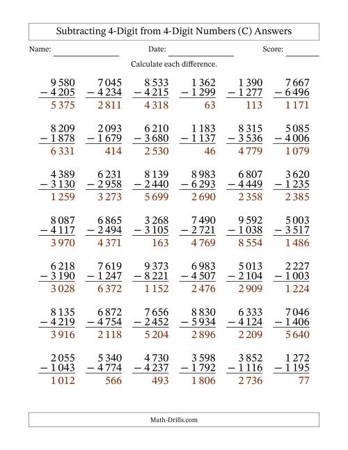 The Subtracting 4-Digit from 4-Digit Numbers With Some Regrouping (42 Questions) (Space Separated Thousands) (C) Math Worksheet Page 2