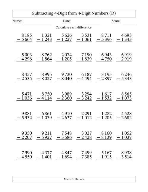 The Subtracting 4-Digit from 4-Digit Numbers With Some Regrouping (42 Questions) (Space Separated Thousands) (D) Math Worksheet
