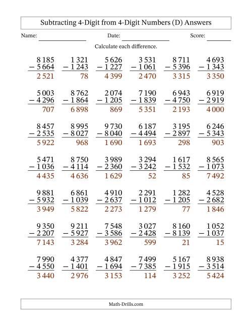 The Subtracting 4-Digit from 4-Digit Numbers With Some Regrouping (42 Questions) (Space Separated Thousands) (D) Math Worksheet Page 2