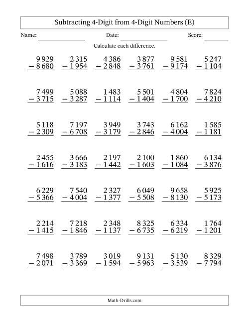 The Subtracting 4-Digit from 4-Digit Numbers With Some Regrouping (42 Questions) (Space Separated Thousands) (E) Math Worksheet