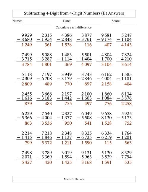 The Subtracting 4-Digit from 4-Digit Numbers With Some Regrouping (42 Questions) (Space Separated Thousands) (E) Math Worksheet Page 2