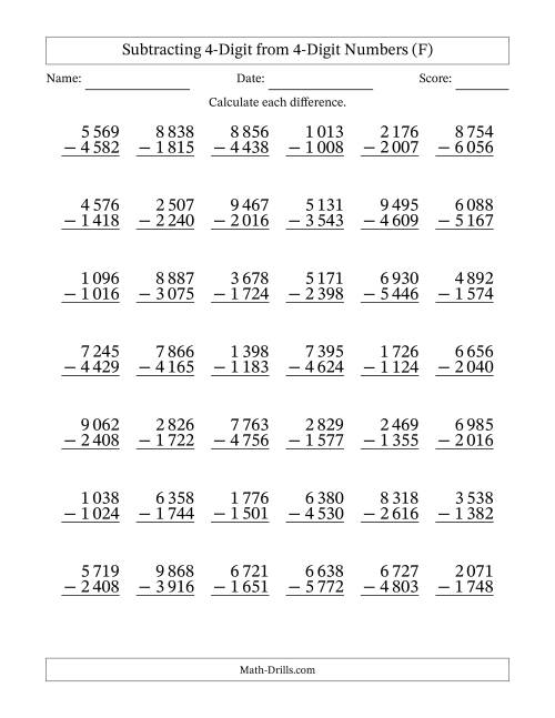 The Subtracting 4-Digit from 4-Digit Numbers With Some Regrouping (42 Questions) (Space Separated Thousands) (F) Math Worksheet