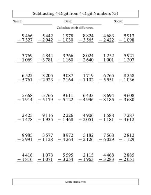 The Subtracting 4-Digit from 4-Digit Numbers With Some Regrouping (42 Questions) (Space Separated Thousands) (G) Math Worksheet