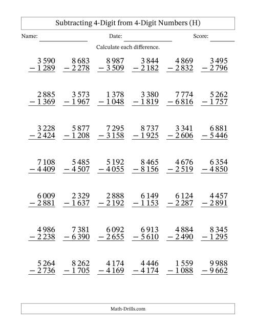 The Subtracting 4-Digit from 4-Digit Numbers With Some Regrouping (42 Questions) (Space Separated Thousands) (H) Math Worksheet