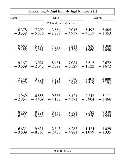 The Subtracting 4-Digit from 4-Digit Numbers With Some Regrouping (42 Questions) (Space Separated Thousands) (I) Math Worksheet