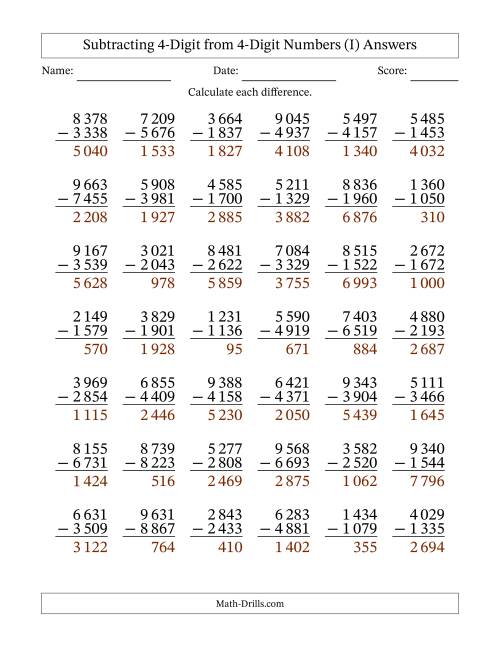 The Subtracting 4-Digit from 4-Digit Numbers With Some Regrouping (42 Questions) (Space Separated Thousands) (I) Math Worksheet Page 2