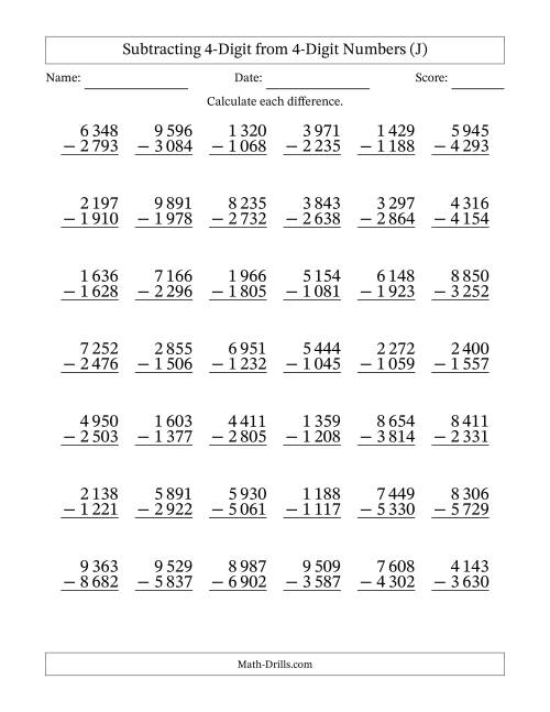 The Subtracting 4-Digit from 4-Digit Numbers With Some Regrouping (42 Questions) (Space Separated Thousands) (J) Math Worksheet