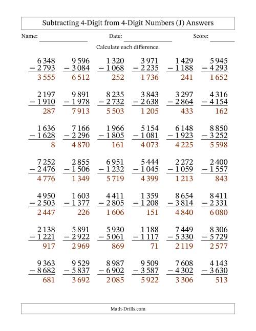 The Subtracting 4-Digit from 4-Digit Numbers With Some Regrouping (42 Questions) (Space Separated Thousands) (J) Math Worksheet Page 2