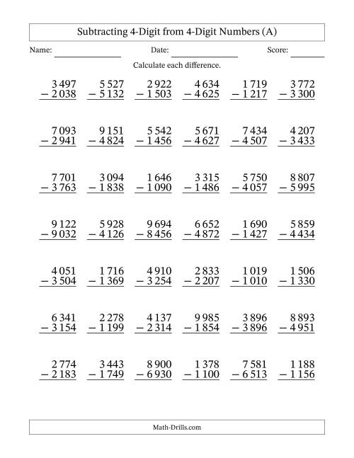 The Subtracting 4-Digit from 4-Digit Numbers With Some Regrouping (42 Questions) (Space Separated Thousands) (All) Math Worksheet
