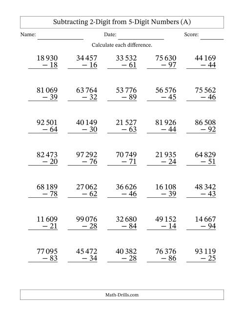 The Subtracting 2-Digit from 5-Digit Numbers With Some Regrouping (35 Questions) (Space Separated Thousands) (A) Math Worksheet