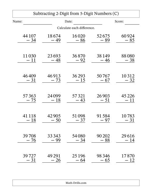The Subtracting 2-Digit from 5-Digit Numbers With Some Regrouping (35 Questions) (Space Separated Thousands) (C) Math Worksheet