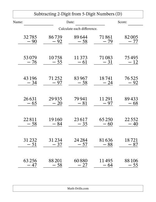The Subtracting 2-Digit from 5-Digit Numbers With Some Regrouping (35 Questions) (Space Separated Thousands) (D) Math Worksheet