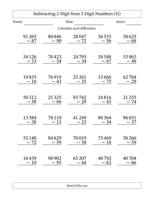 The Subtracting 2-Digit from 5-Digit Numbers With Some Regrouping (35 Questions) (Space Separated Thousands) (H) Math Worksheet