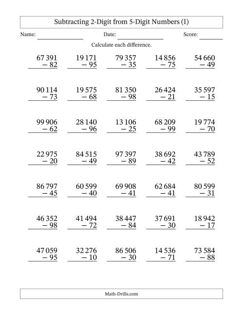 The Subtracting 2-Digit from 5-Digit Numbers With Some Regrouping (35 Questions) (Space Separated Thousands) (I) Math Worksheet