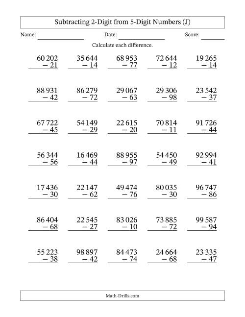 The Subtracting 2-Digit from 5-Digit Numbers With Some Regrouping (35 Questions) (Space Separated Thousands) (J) Math Worksheet