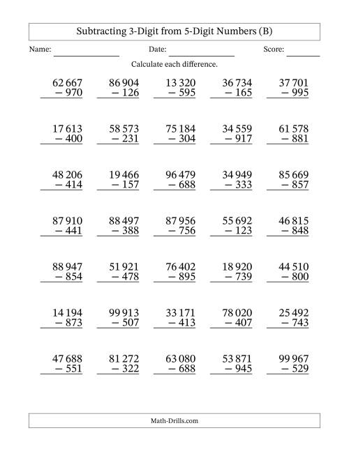 The Subtracting 3-Digit from 5-Digit Numbers With Some Regrouping (35 Questions) (Space Separated Thousands) (B) Math Worksheet