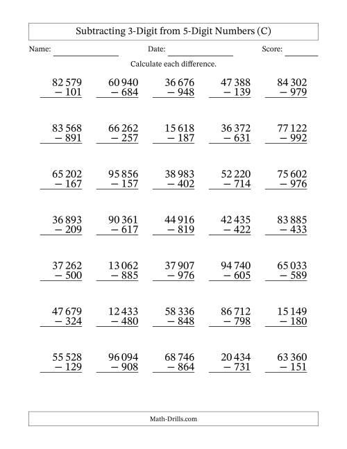 The Subtracting 3-Digit from 5-Digit Numbers With Some Regrouping (35 Questions) (Space Separated Thousands) (C) Math Worksheet