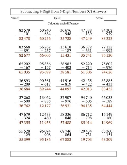 The Subtracting 3-Digit from 5-Digit Numbers With Some Regrouping (35 Questions) (Space Separated Thousands) (C) Math Worksheet Page 2
