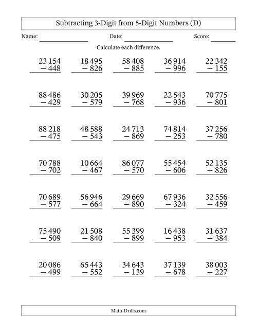 The Subtracting 3-Digit from 5-Digit Numbers With Some Regrouping (35 Questions) (Space Separated Thousands) (D) Math Worksheet