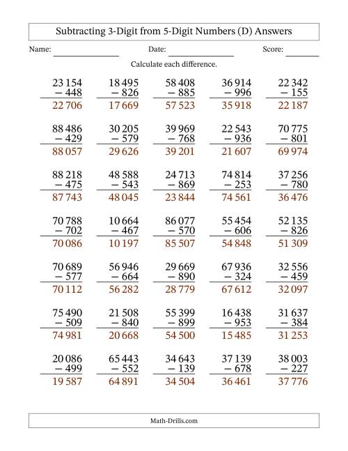 The Subtracting 3-Digit from 5-Digit Numbers With Some Regrouping (35 Questions) (Space Separated Thousands) (D) Math Worksheet Page 2