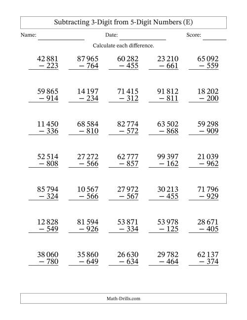The Subtracting 3-Digit from 5-Digit Numbers With Some Regrouping (35 Questions) (Space Separated Thousands) (E) Math Worksheet