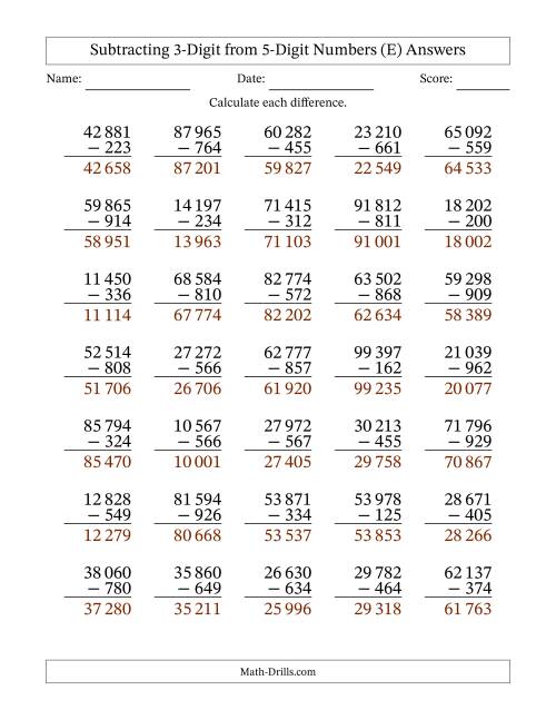 The Subtracting 3-Digit from 5-Digit Numbers With Some Regrouping (35 Questions) (Space Separated Thousands) (E) Math Worksheet Page 2