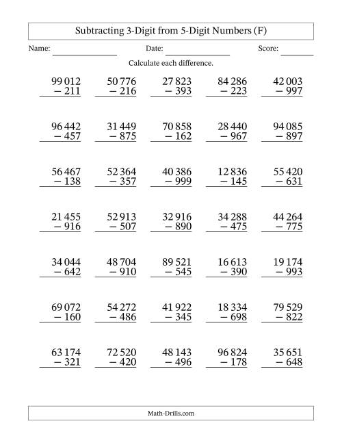The Subtracting 3-Digit from 5-Digit Numbers With Some Regrouping (35 Questions) (Space Separated Thousands) (F) Math Worksheet