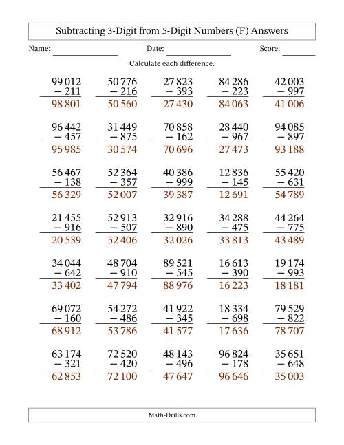 The Subtracting 3-Digit from 5-Digit Numbers With Some Regrouping (35 Questions) (Space Separated Thousands) (F) Math Worksheet Page 2