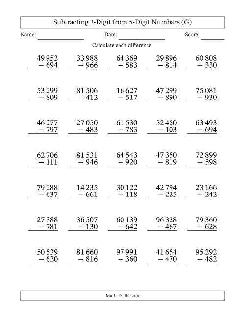The Subtracting 3-Digit from 5-Digit Numbers With Some Regrouping (35 Questions) (Space Separated Thousands) (G) Math Worksheet