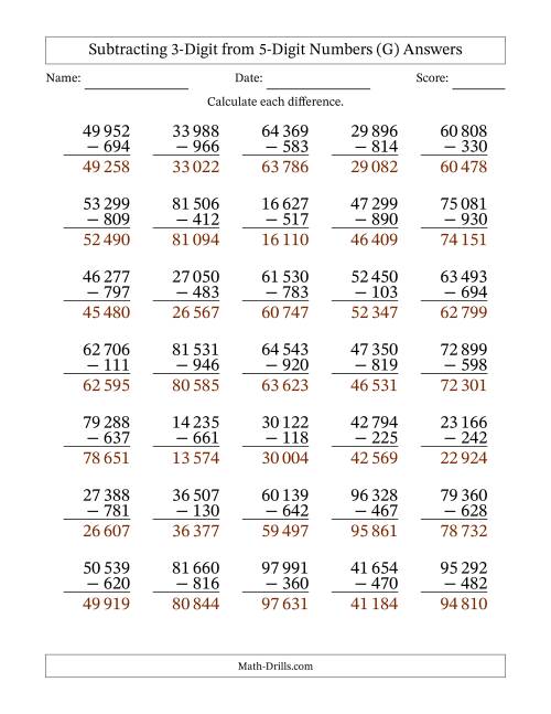 The Subtracting 3-Digit from 5-Digit Numbers With Some Regrouping (35 Questions) (Space Separated Thousands) (G) Math Worksheet Page 2