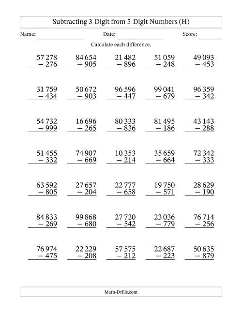 The Subtracting 3-Digit from 5-Digit Numbers With Some Regrouping (35 Questions) (Space Separated Thousands) (H) Math Worksheet