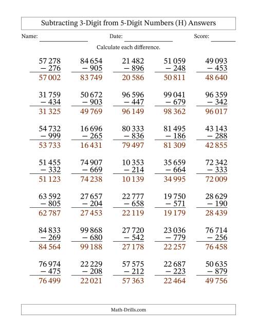The Subtracting 3-Digit from 5-Digit Numbers With Some Regrouping (35 Questions) (Space Separated Thousands) (H) Math Worksheet Page 2