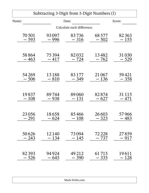 The Subtracting 3-Digit from 5-Digit Numbers With Some Regrouping (35 Questions) (Space Separated Thousands) (I) Math Worksheet