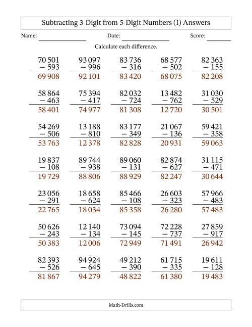 The Subtracting 3-Digit from 5-Digit Numbers With Some Regrouping (35 Questions) (Space Separated Thousands) (I) Math Worksheet Page 2