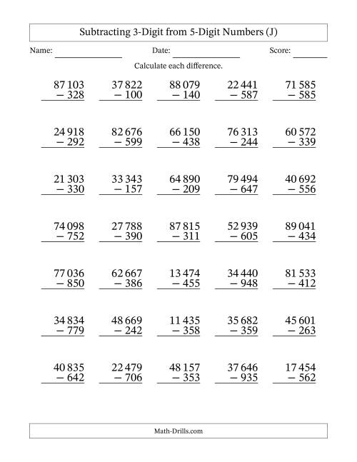 The Subtracting 3-Digit from 5-Digit Numbers With Some Regrouping (35 Questions) (Space Separated Thousands) (J) Math Worksheet