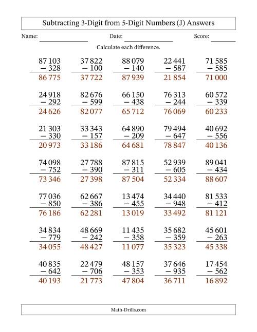 The Subtracting 3-Digit from 5-Digit Numbers With Some Regrouping (35 Questions) (Space Separated Thousands) (J) Math Worksheet Page 2