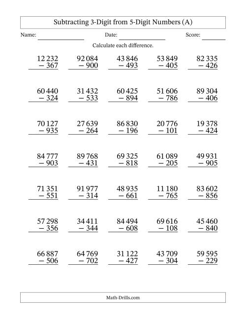 The Subtracting 3-Digit from 5-Digit Numbers With Some Regrouping (35 Questions) (Space Separated Thousands) (All) Math Worksheet