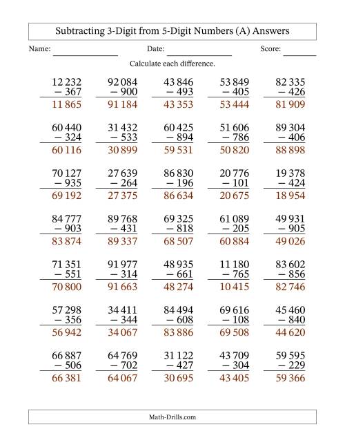 The Subtracting 3-Digit from 5-Digit Numbers With Some Regrouping (35 Questions) (Space Separated Thousands) (All) Math Worksheet Page 2