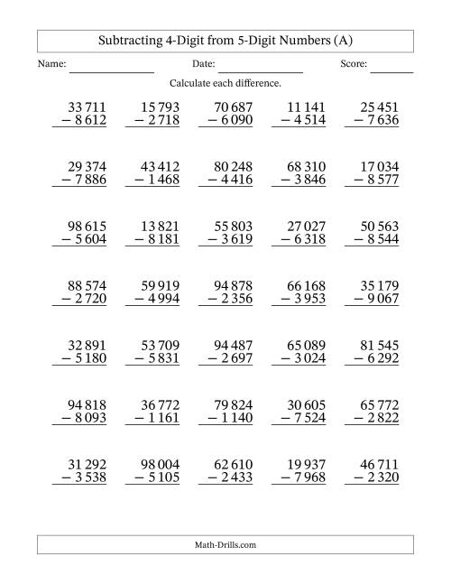The Subtracting 4-Digit from 5-Digit Numbers With Some Regrouping (35 Questions) (Space Separated Thousands) (A) Math Worksheet
