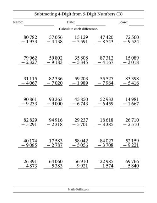 The Subtracting 4-Digit from 5-Digit Numbers With Some Regrouping (35 Questions) (Space Separated Thousands) (B) Math Worksheet