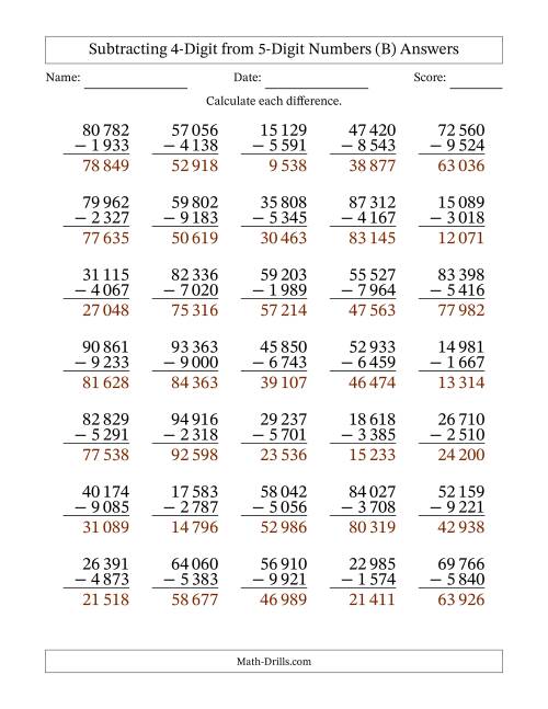 The Subtracting 4-Digit from 5-Digit Numbers With Some Regrouping (35 Questions) (Space Separated Thousands) (B) Math Worksheet Page 2